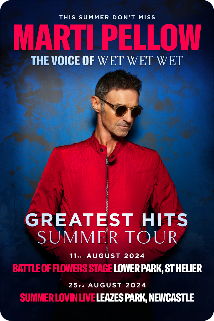 Marti Pellow the voice of wet wet wet greatest hits summer tour. Marti with sunglasses wearing red jacket.